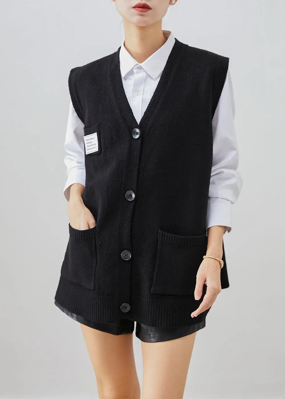 Casual Black Applique Thick Knit Vest Tops Fall Ada Fashion