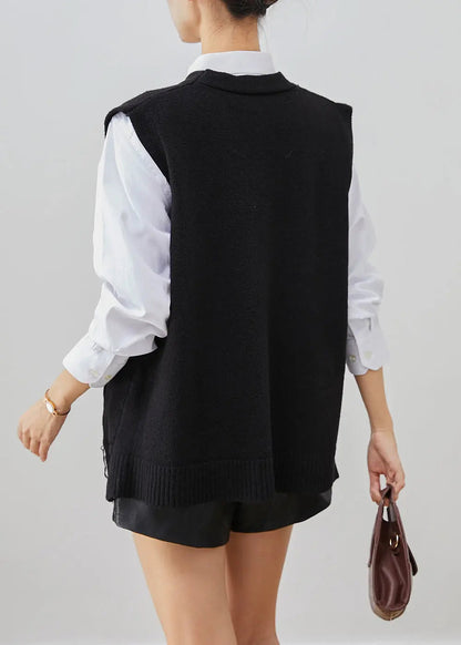 Casual Black Applique Thick Knit Vest Tops Fall Ada Fashion