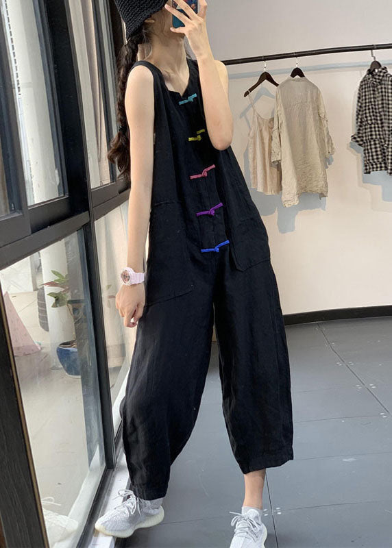 Casual Black Chinese Button Pockets Patchwork Linen Jumpsuits Summer Ada Fashion