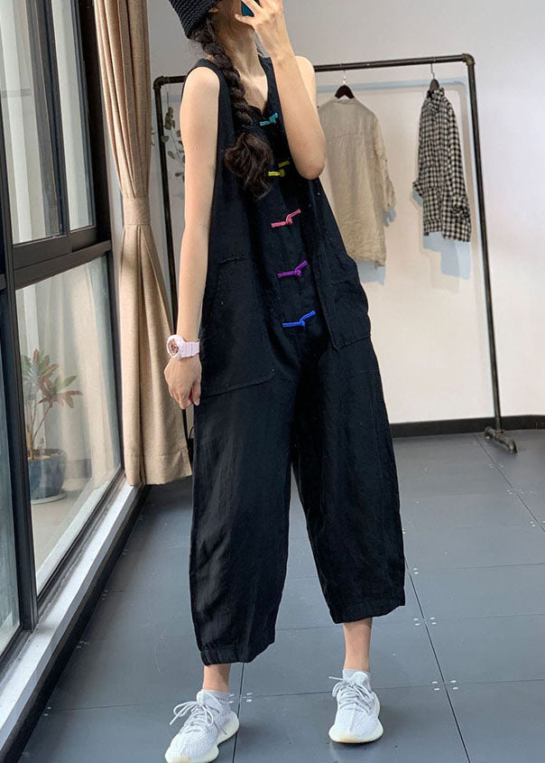 Casual Black Chinese Button Pockets Patchwork Linen Jumpsuits Summer Ada Fashion