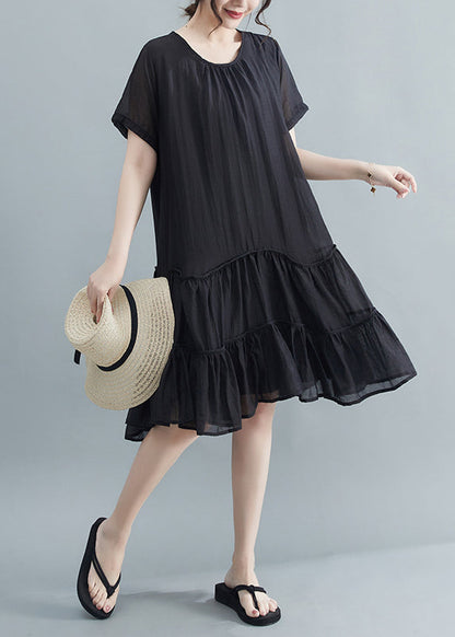 Casual Black O-Neck Patchwork Wrinkled Cotton Dresses Summer Ada Fashion