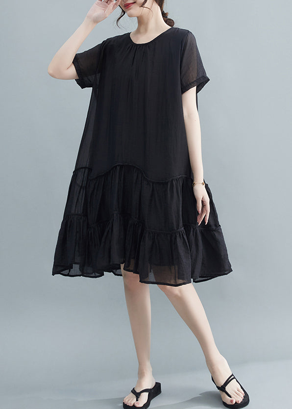 Casual Black O-Neck Patchwork Wrinkled Cotton Dresses Summer Ada Fashion