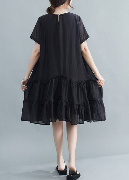 Casual Black O-Neck Patchwork Wrinkled Cotton Dresses Summer Ada Fashion