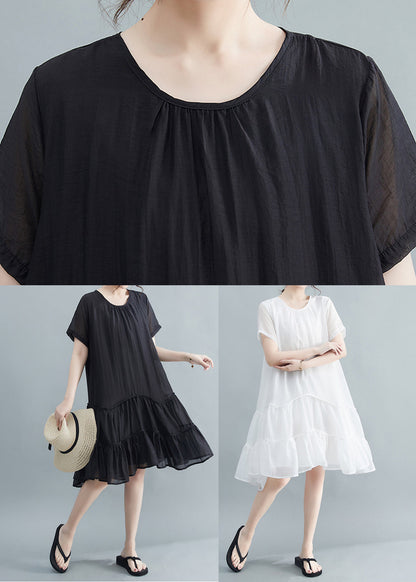 Casual Black O-Neck Patchwork Wrinkled Cotton Dresses Summer Ada Fashion