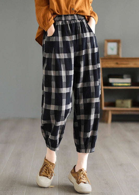 Casual Black Plaid High Waist Linen Crop Pants LY4581
