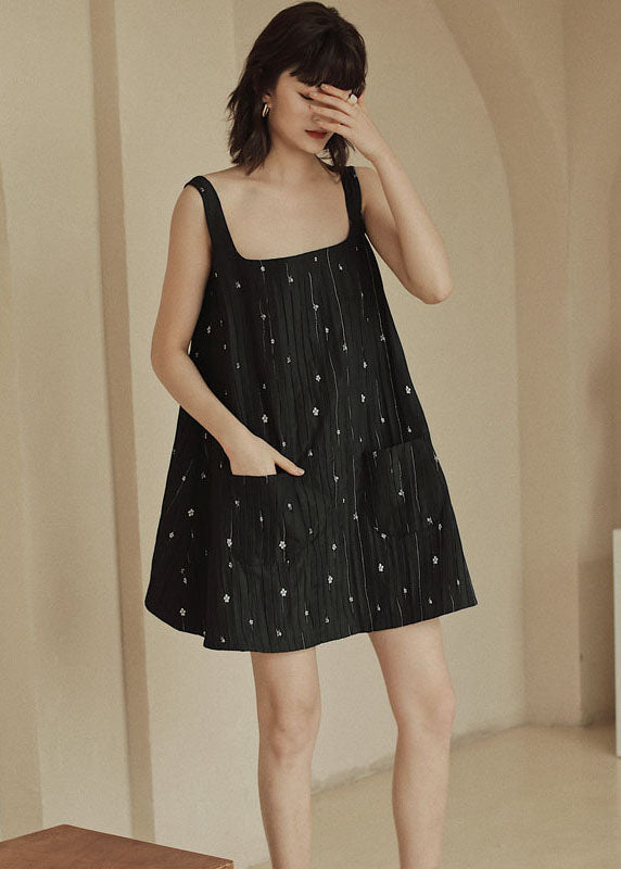 Casual Black Print Pockets Cotton Strap Dress Sleeveless Ada Fashion