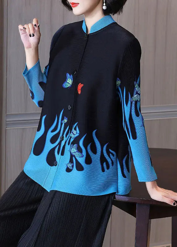 Casual Black Stand Collar Print Button Shirt Long Sleeve Ada Fashion