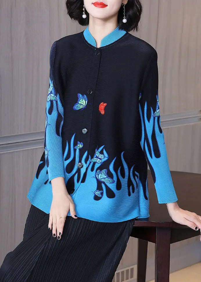 Casual Black Stand Collar Print Button Shirt Long Sleeve Ada Fashion