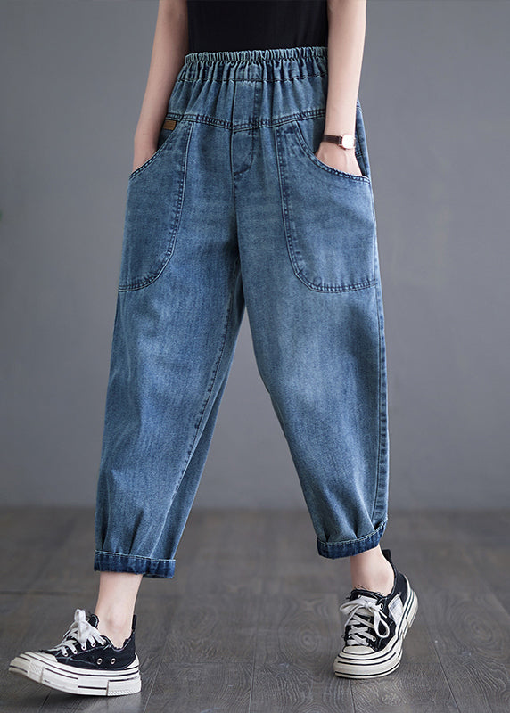 Casual Blue Elastic Waist Pockets Denim Harem Pants Summer Ada Fashion