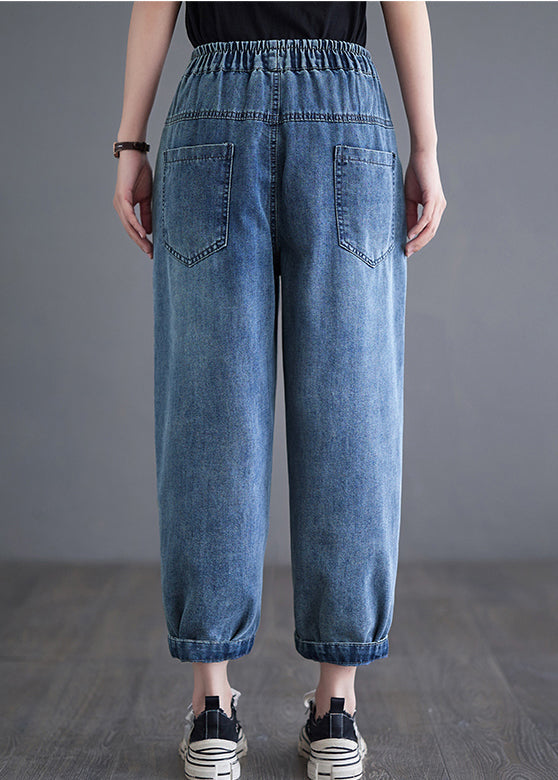 Casual Blue Elastic Waist Pockets Denim Harem Pants Summer Ada Fashion