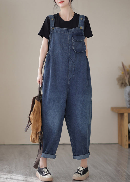 Casual Blue Slash Neck Patchwork Button Denim Jumpsuit Summer LY2950
