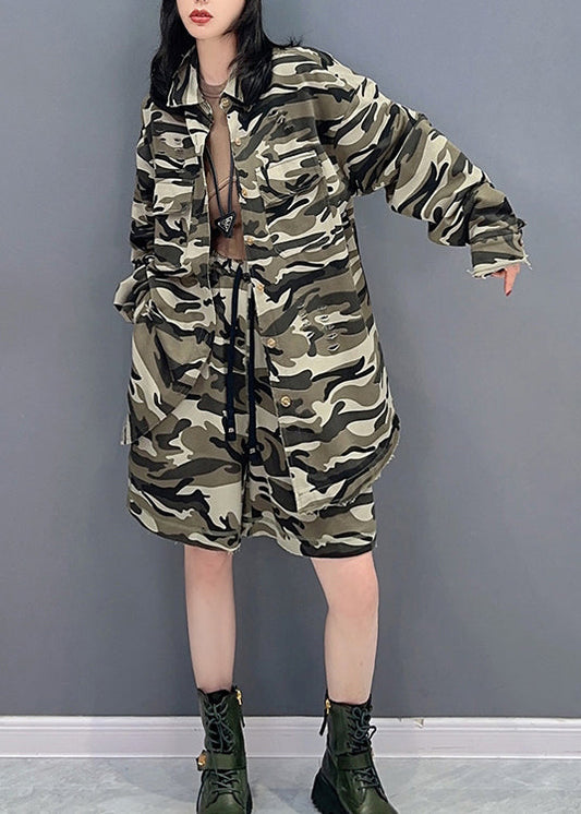 Casual Camouflage Peter Pan Kragen Reißverschluss Print Mäntel und Shorts Zwei Stücke Set Frühling