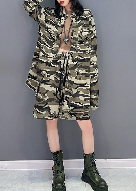 Casual Camouflage Peter Pan Kragen Reißverschluss Print Mäntel und Shorts Zwei Stücke Set Frühling