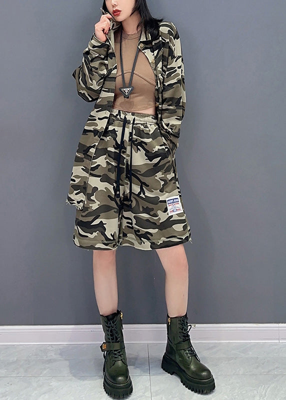 Casual Camouflage Peter Pan Kragen Reißverschluss Print Mäntel und Shorts Zwei Stücke Set Frühling