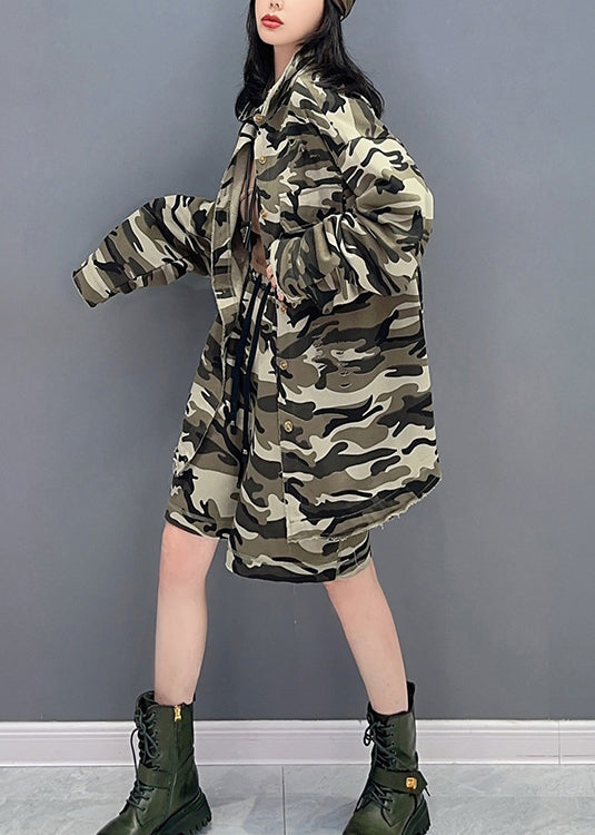 Casual Camouflage Peter Pan Kragen Reißverschluss Print Mäntel und Shorts Zwei Stücke Set Frühling