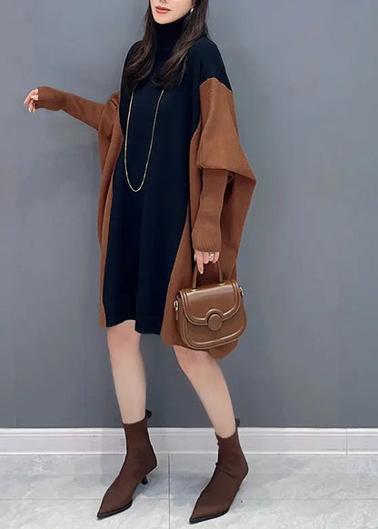 Casual Coffee Hign Neck Patchwork Cotton Mid Dress Batwing Sleeve Ada Fashion