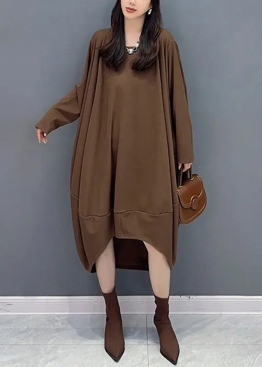 Casual Coffee O Neck Low High Design Patchwork Cotton Dresses Fall Ada Fashion