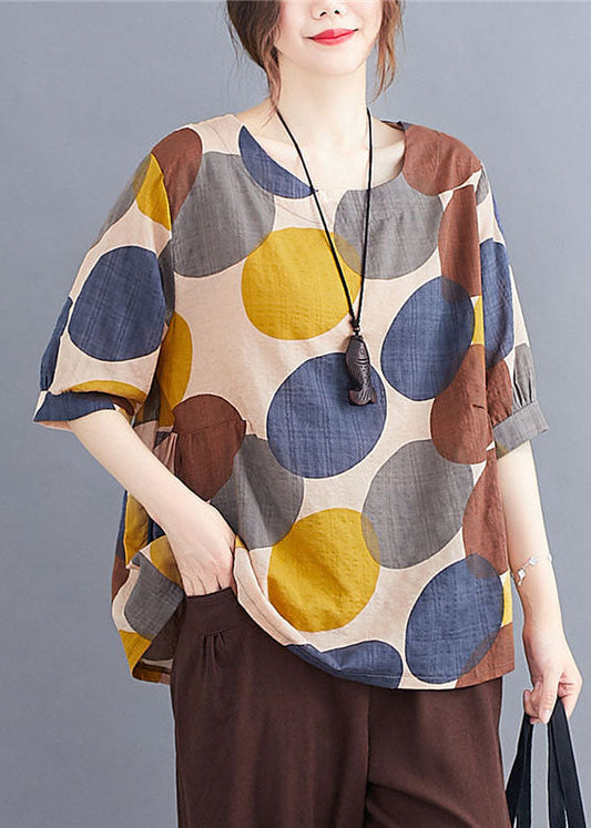 Casual Coffee O Neck Print Patchwork Cotton T Shirts Summer LY4085