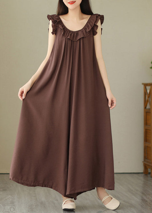 Casual Coffee O-Neck Ruffled Wide Leg Jumpsuit Summer LY2968