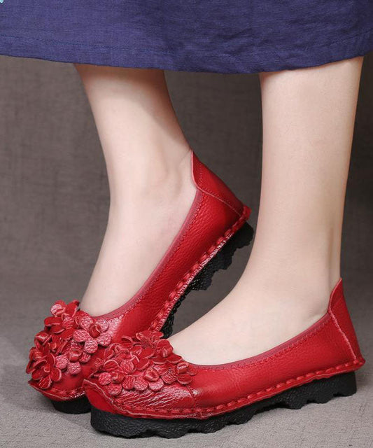Casual Floral Penny Loafers Red Cowhide Leather LY0178