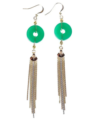 Casual Green 14K Gold Ping Buckle Chalcedony Tassel Drop Earrings Ada Fashion