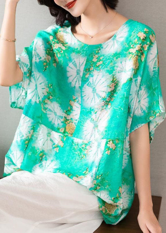 Casual Green O Neck Print Patchwork Silk Blouse Top Batwing Sleeve LY4420