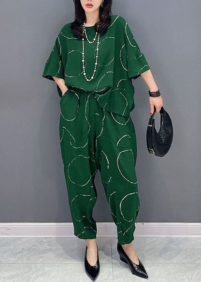 Casual Green O-Neck Print Tops And Pants Patchwork Cotton Two Pieces Set Summer Ada Fashion