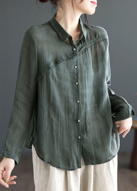 Casual Green Peter Pan Collar Patchwork Linen Blouses Long Sleeve LY4026
