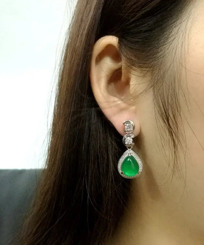 Casual Green Sterling Silver Inlaid Zircon Chalcedony Water Drop Drop Earrings Ada Fashion