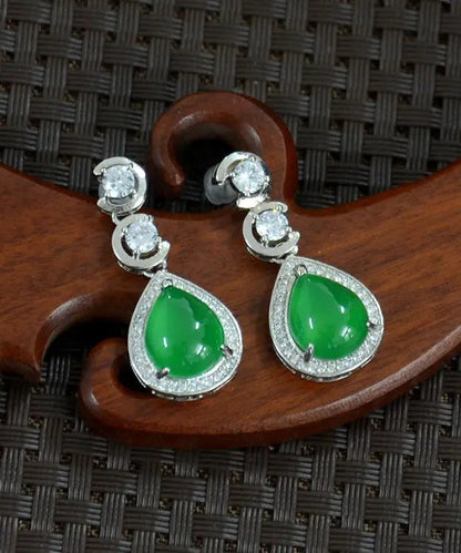 Casual Green Sterling Silver Inlaid Zircon Chalcedony Water Drop Drop Earrings Ada Fashion