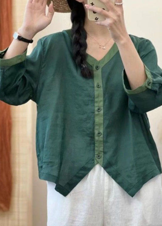 Casual Green V Neck Asymmetrical Patchwork Linen Shirt Summer LY4142