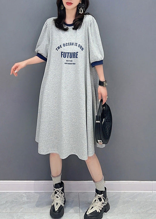 Casual Grey O-Neck Graphic Print Maxi Dress Summer LY4384