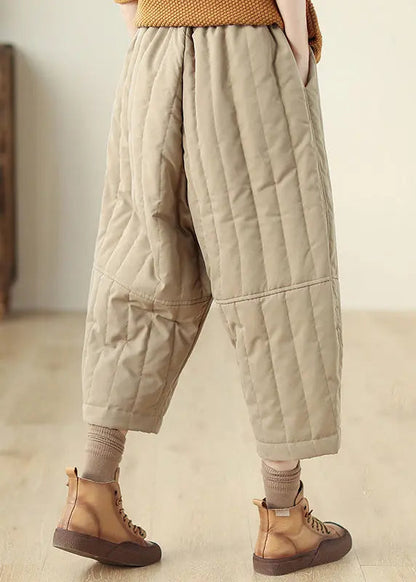 Casual Khaki Pockets Elastic Waist Fine Cotton Filled Crop Pants Winter Ada Fashion