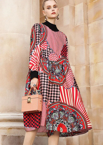 Casual Multi Print Low High Design Maxi Dress Long Sleeve Ada Fashion