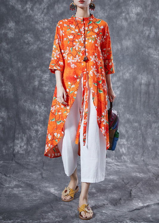 Casual Orange Stand Collar Print Cotton Long Shirt Summer LY4084