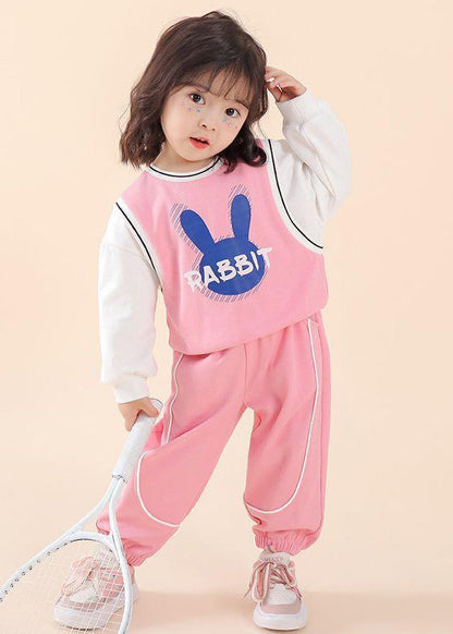 Casual Pink O Neck Print Patchwork Cotton Kids Two Piece Set Fall Ada Fashion