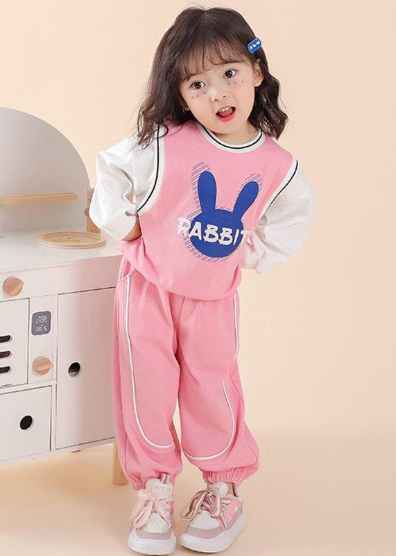 Casual Pink O Neck Print Patchwork Cotton Kids Two Piece Set Fall Ada Fashion