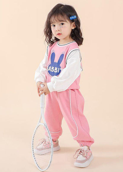 Casual Pink O Neck Print Patchwork Cotton Kids Two Piece Set Fall Ada Fashion