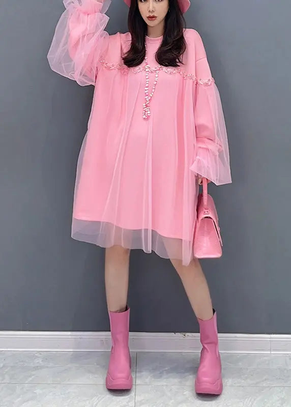 Casual Pink O Neck Tulle Patchwork Cotton Mid Dresses Fall Ada Fashion