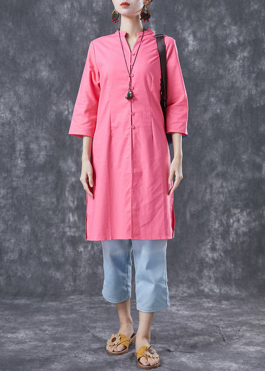 Casual Pink V Neck Button Cotton Shirt Dresses Bracelet Sleeve LY4062