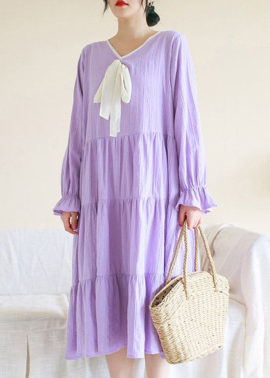 Casual Purple V Neck Patchwork Cotton Maxi Dress Long Sleeve LY4515