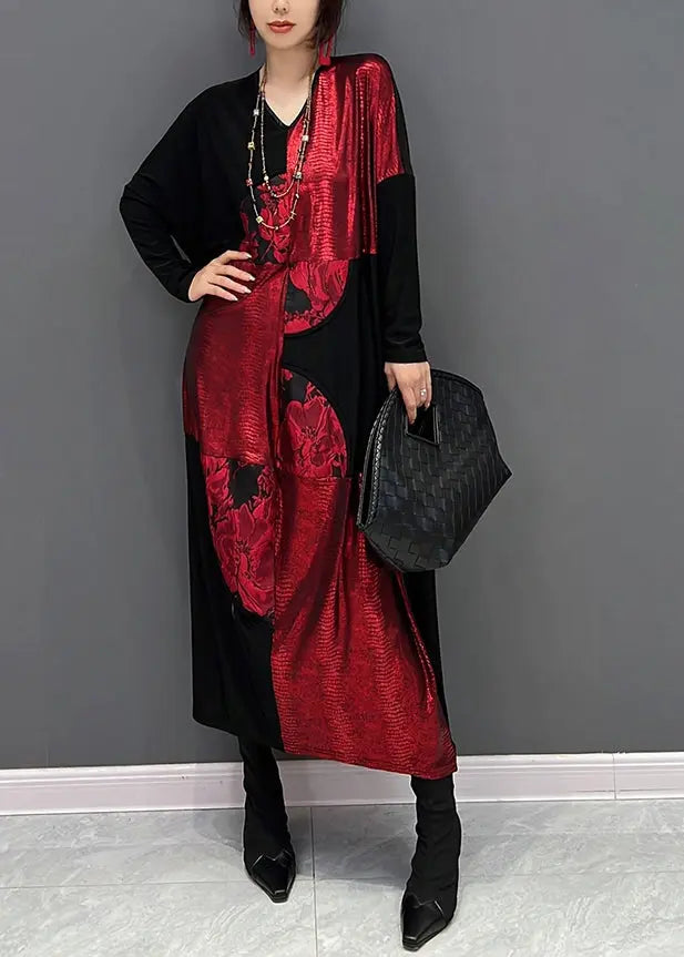 Casual Red Black V Neck Print Patchwork Cotton Long Dress Fall Ada Fashion