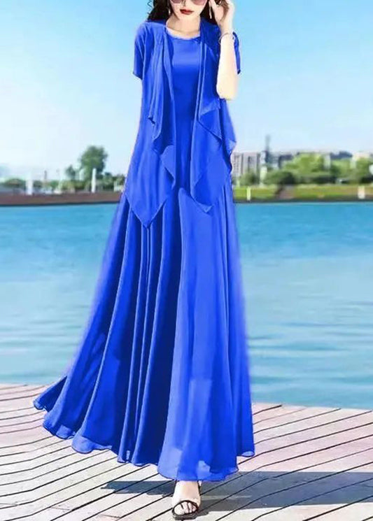 Casual Royalblue O-Neck Chiffon Cardigans And Long Dress Two Pieces Set Summer LY1698