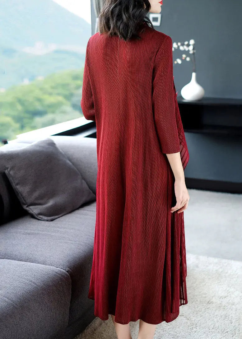 Casual Wine Red O-Neck Floral Patchwork Fake Two Pieces Maxi Dress Long Sleeve Ada Fashion