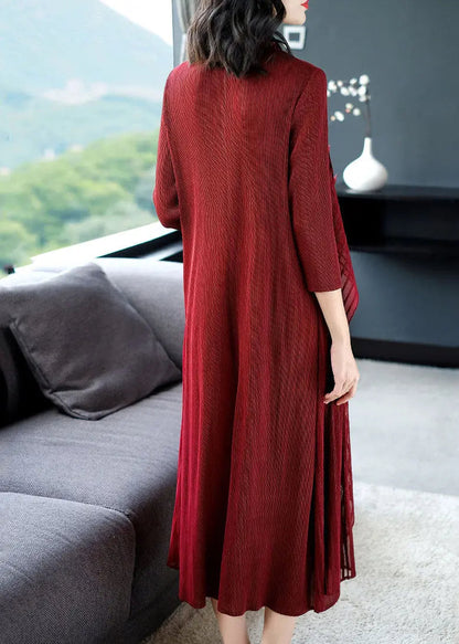 Casual Wine Red O-Neck Floral Patchwork Fake Two Pieces Maxi Dress Long Sleeve Ada Fashion