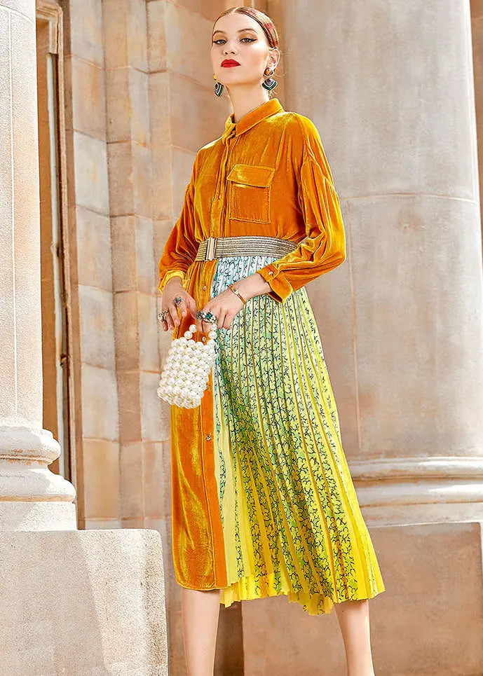 Casual Yellow Peter Pan Collar Print Patchwork Button Silk Velour Maxi Dress Long Sleeve Ada Fashion