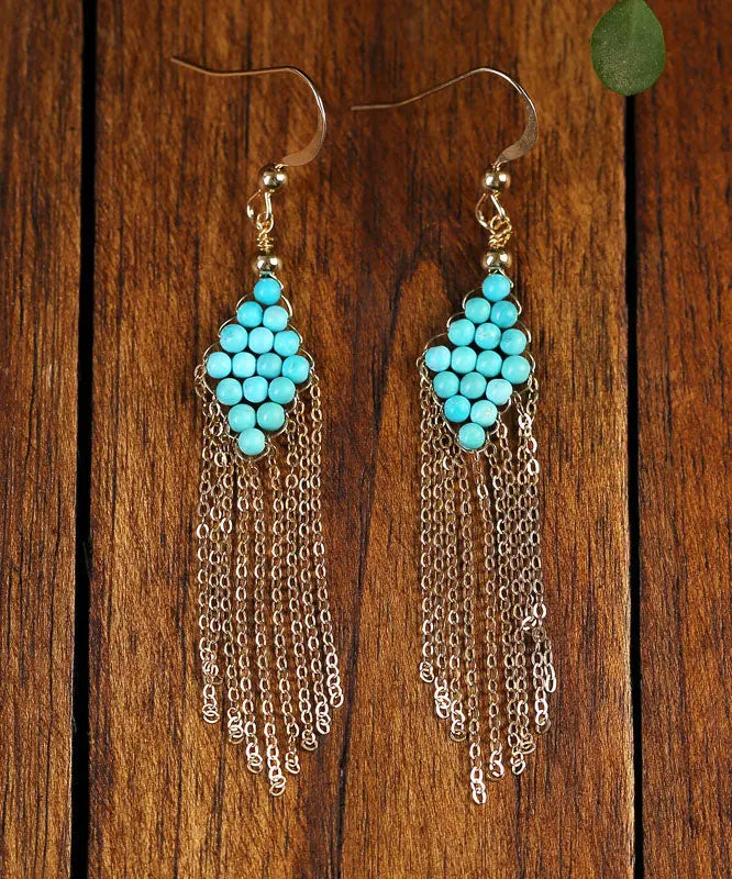 Chic 14K Gold Turquoise Tassel Drop Earrings Ada Fashion