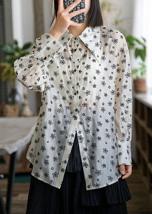 Chic Beige Peter Pan Collar Print Patchwork Chiffon Blouses Long Sleeve LY3843