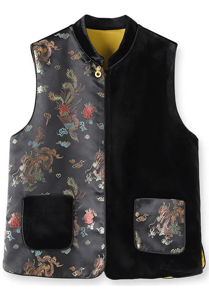 Chic Black Asymmetrical Embroidered Pockets Silk Velour Waistcoat Sleeveless Ada Fashion