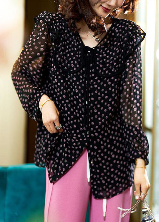 Chic Black Peter Pan Collar Print Patchwork Chiffon Blouse Tops Spring LY3834